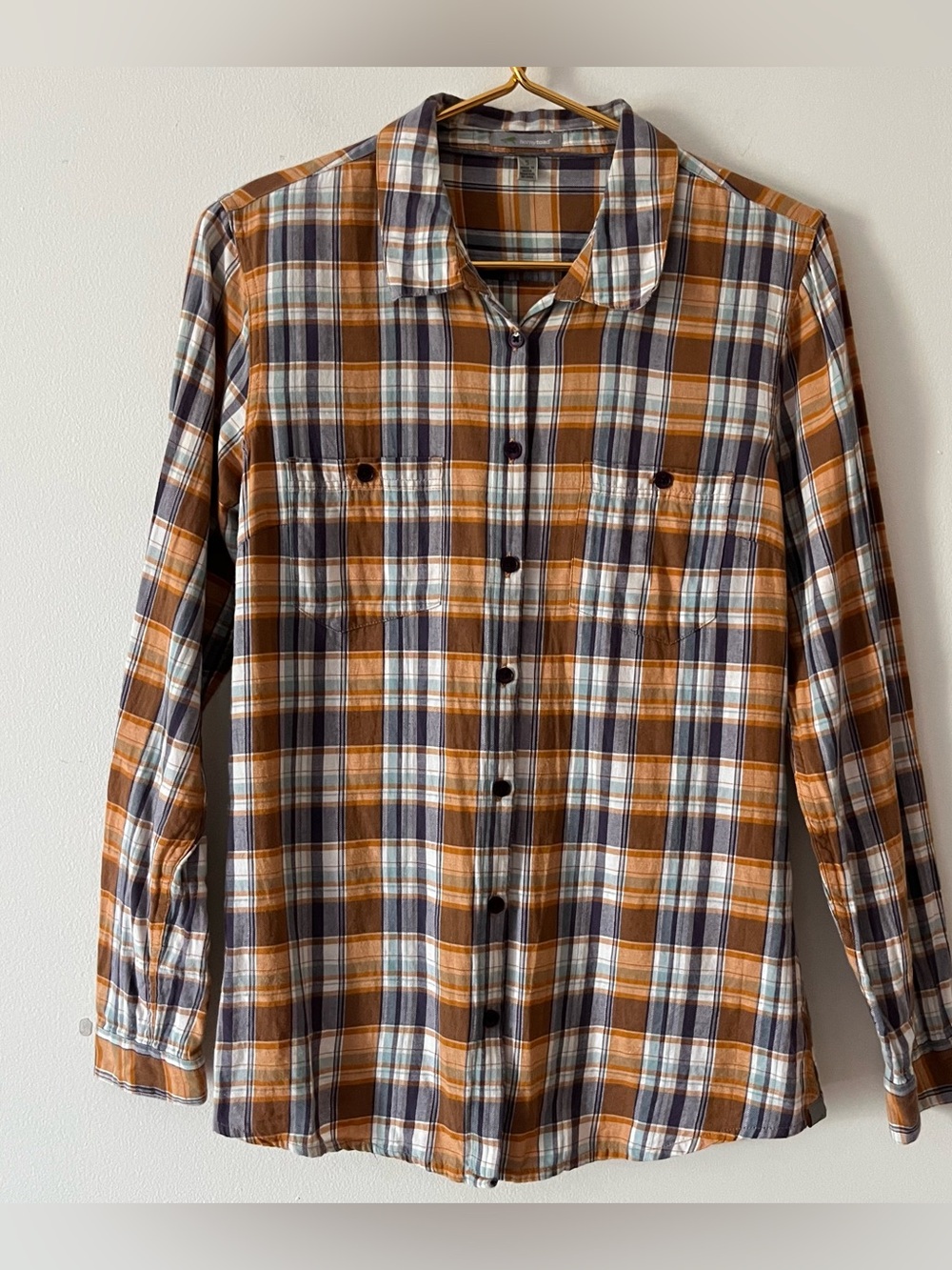 Horny Toad Women’s Light Blue Orange Plaid Light Flannel Shirt Back Buttons S